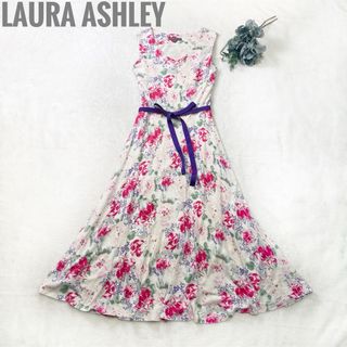 LAURA ASHLEY - 【極美品】ローラアシュレイ 花柄 ロングワンピース ノースリーブ ベルト 7号