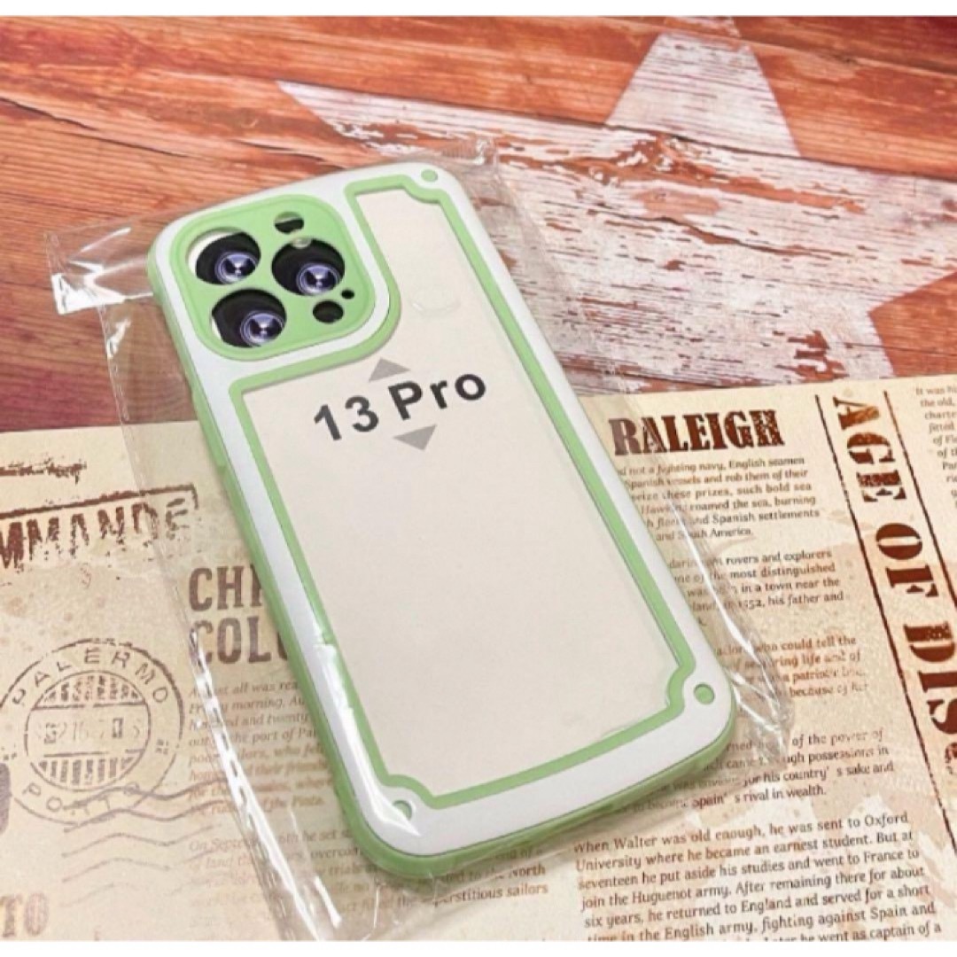 【iPhone13pro】グリーン iPhoneケース シンプル フレーム 黄緑 スマホ/家電/カメラのスマホアクセサリー(iPhoneケース)の商品写真