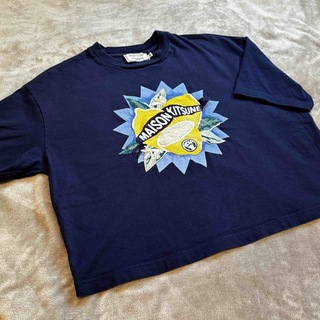 メゾンキツネ(MAISON KITSUNE')のメゾンキツネ Tシャツ XS Maison Kitsune レモン 刺繍 紺色(Tシャツ(半袖/袖なし))