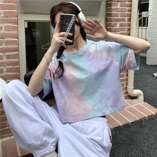 【人気】レディース トップス 半袖Ｔシャツ 紫 ショート丈 XL マーブル 韓国(Tシャツ(半袖/袖なし))