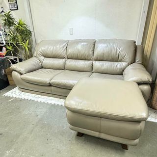 16649 3人掛けレザーソファ　オットマン付き IDC大塚家具