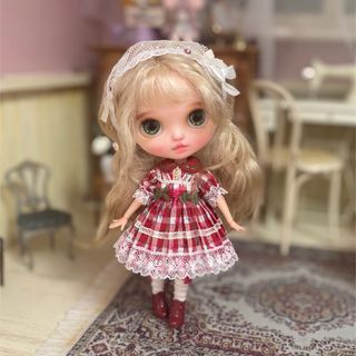 1/12ドールサイズ　薔薇チェックワンピース(レッド)(人形)