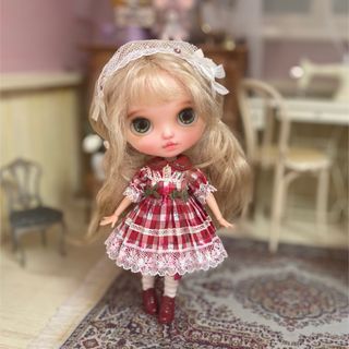 1/12ドールサイズ　薔薇チェックワンピース(レッド)(人形)