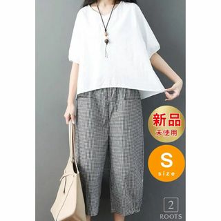 新品未使用 Sサイズ シャツ パンツ ホワイト チェック 半袖 セカンドルーツ(シャツ/ブラウス(半袖/袖なし))