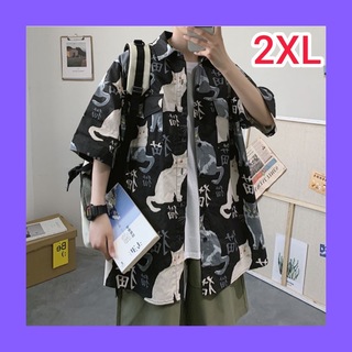 メンズ シャツ 半袖 2XL 黒 猫 プリント カジュアル オーバーサイズ(シャツ)