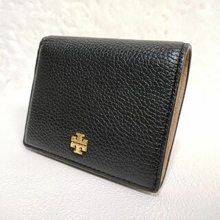 美品✨トリーバーチ  ブラック ベージュ ロゴ ミニ財布 二つ折り財布 レザー