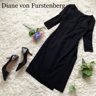 ダイアンフォンファステンバーグ(DIANE von FURSTENBERG)の【極美品】ダイアンフォンファステンバーグ　Vネックワンピース　七分袖　黒(ひざ丈ワンピース)