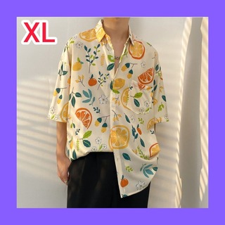 メンズ シャツ 半袖 XL 浅黄色 プリント フルーツ 植物 (シャツ)