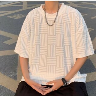 総柄 半袖 Tシャツ トップス 韓国 メンズ モード キレイめ　ホワイト(Tシャツ/カットソー(半袖/袖なし))