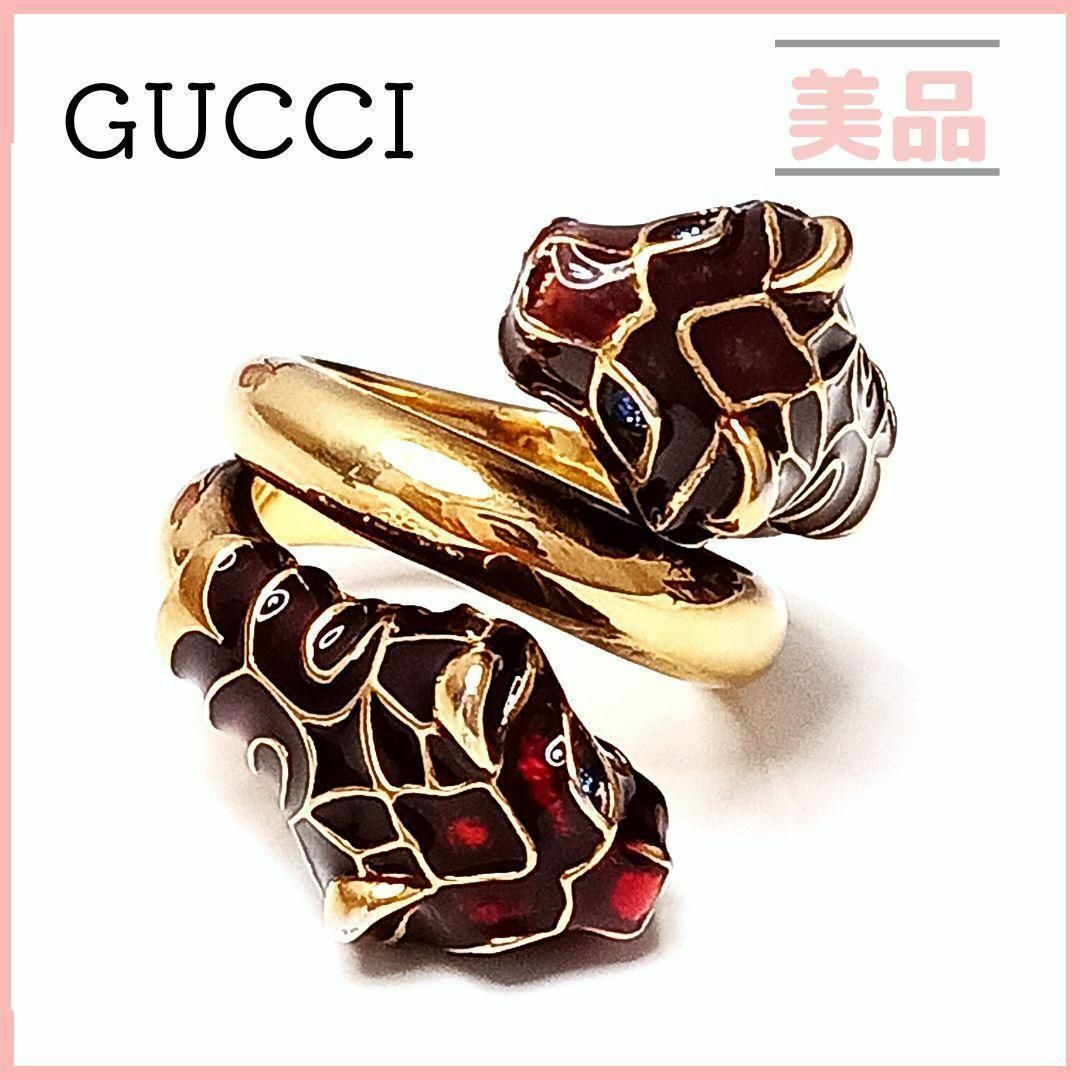 Gucci(グッチ)のグッチ タイガーヘッド リング 10号 ゴールド ラインストーン ダブルタイガー レディースのアクセサリー(リング(指輪))の商品写真