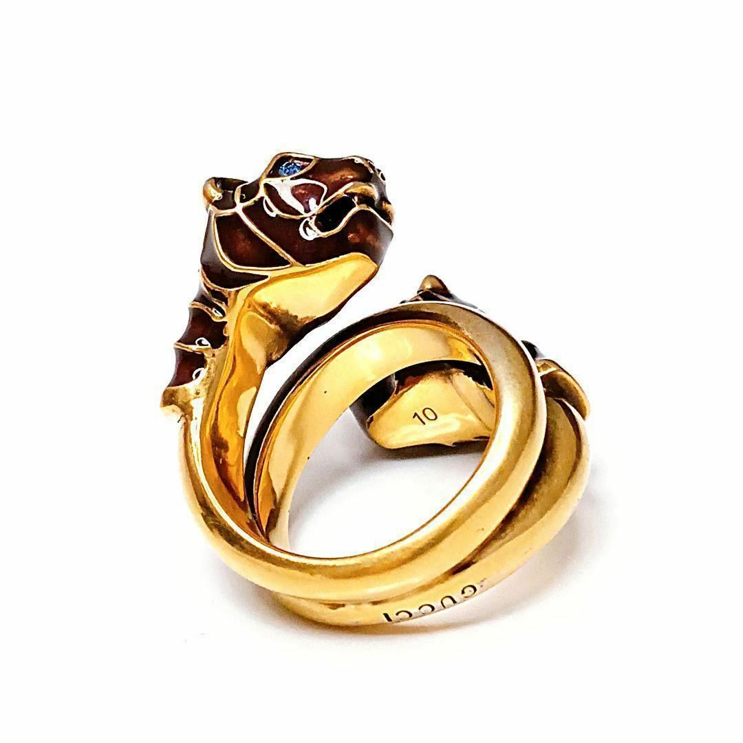 Gucci(グッチ)のグッチ タイガーヘッド リング 10号 ゴールド ラインストーン ダブルタイガー レディースのアクセサリー(リング(指輪))の商品写真