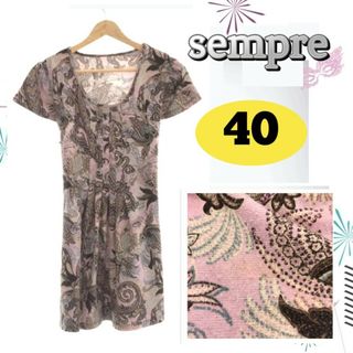 sempre ワンピース Uネック ひざ丈 植物 半袖 フリル ピンク 40(ロングワンピース/マキシワンピース)