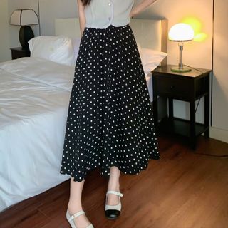 3999円○ Fドット柄 ロング スカート 春夏服 ボトムス ブラック(ロングスカート)