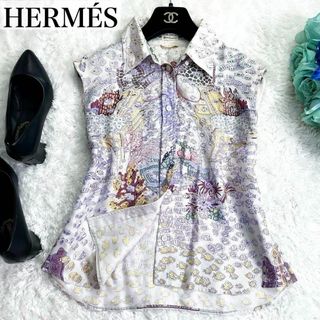 エルメス(Hermes)の希少✨HERMES マルジェラ期 ノースリーブ ブラウス 魚柄 シルク100%(シャツ/ブラウス(半袖/袖なし))