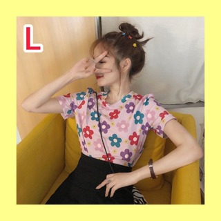 レディース Tシャツ 半袖 L ピンク 花柄 可愛い(Tシャツ(半袖/袖なし))