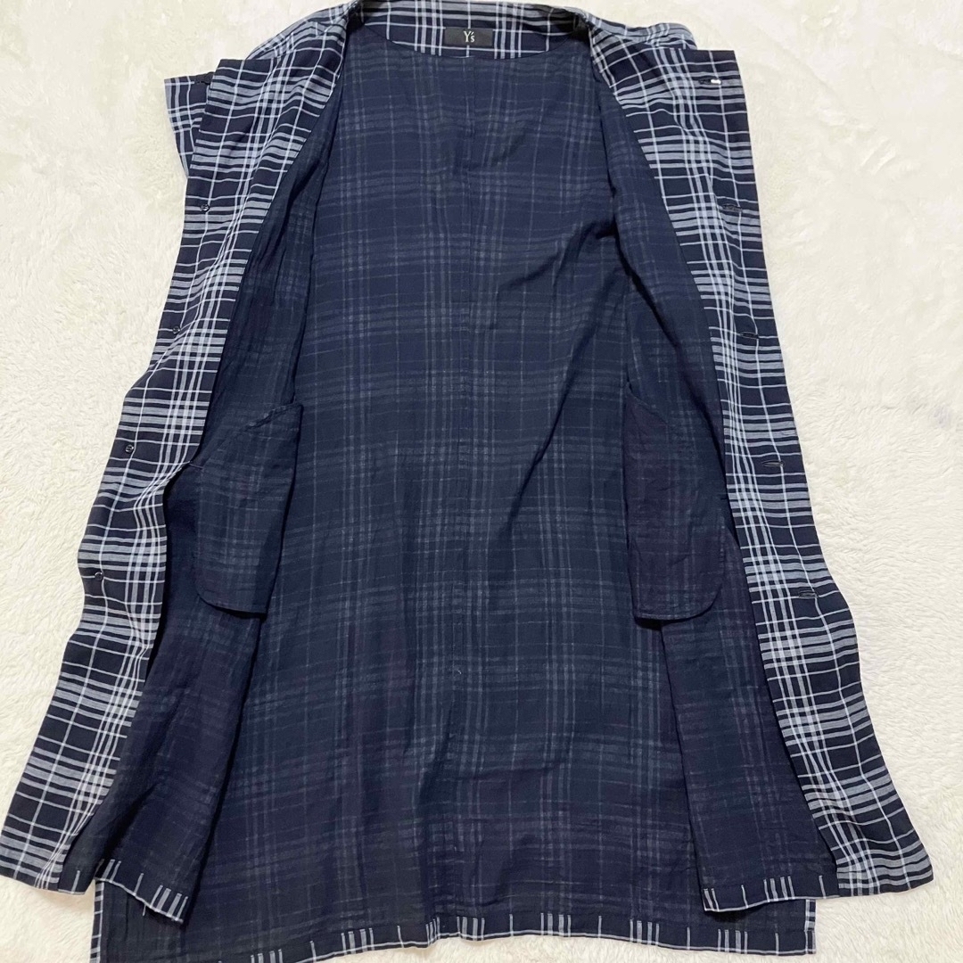 Y's(ワイズ)のY's ノースリーブ チェック コート 綿100％ 男女兼用 ブルー ネイビー レディースのジャケット/アウター(その他)の商品写真