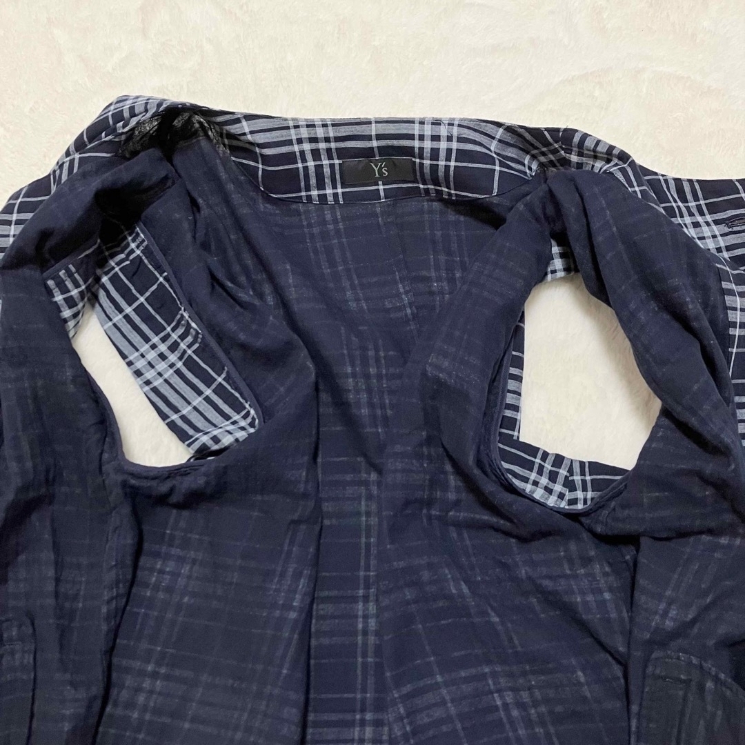 Y's(ワイズ)のY's ノースリーブ チェック コート 綿100％ 男女兼用 ブルー ネイビー レディースのジャケット/アウター(その他)の商品写真