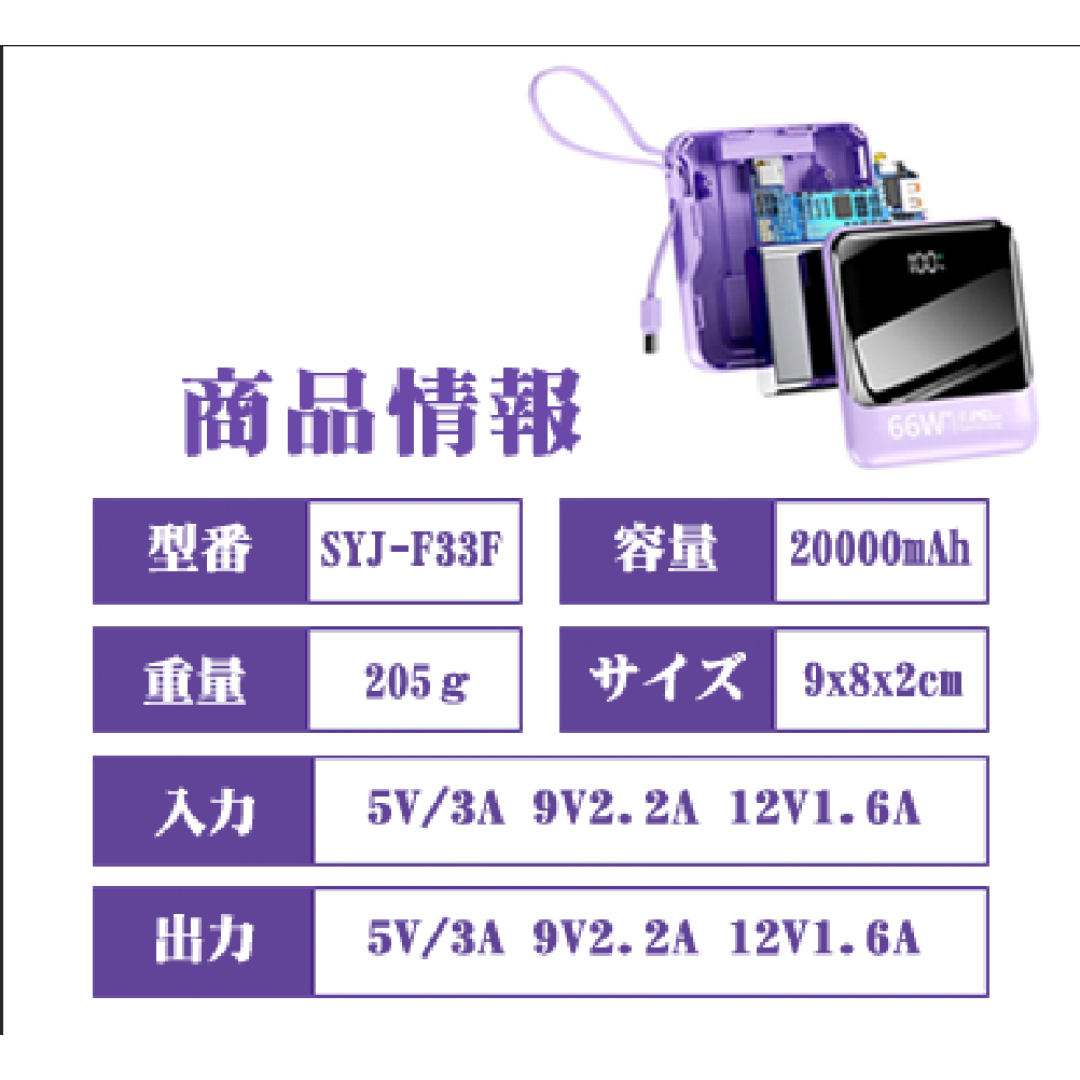 【改良版】モバイルバッテリー パープル（3A高出力） ケーブル内蔵　急速充電 スマホ/家電/カメラのスマートフォン/携帯電話(バッテリー/充電器)の商品写真