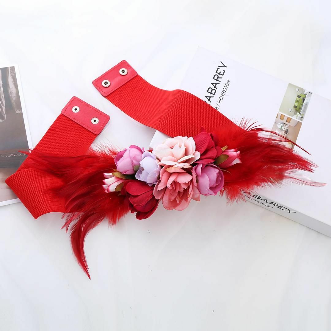 【レッド 】バラの花　74cm～100cm幅広ゴムベルト レディース レディースのファッション小物(ベルト)の商品写真