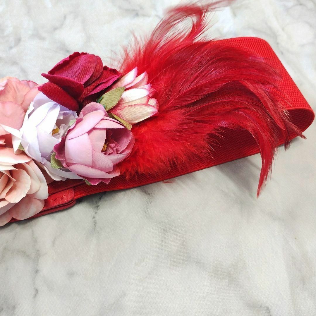 【レッド 】バラの花　74cm～100cm幅広ゴムベルト レディース レディースのファッション小物(ベルト)の商品写真