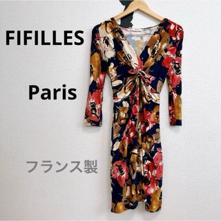 フィフィーユ　フランス　ワンピース　ニットワンピース　花柄　可愛い　細見え　膝丈(ひざ丈ワンピース)