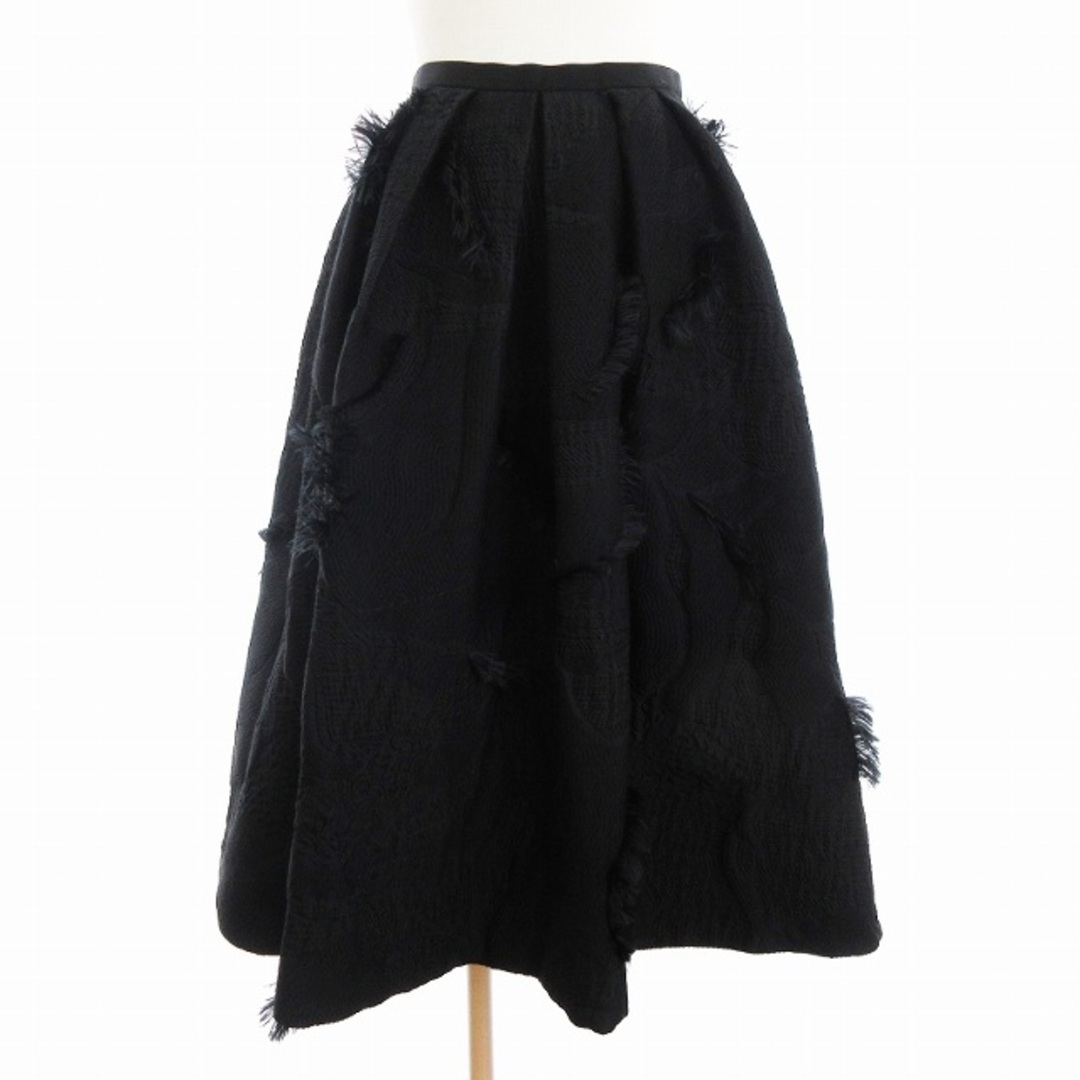 Drawer(ドゥロワー)のドゥロワー フリンジ ジャカード タック スカート ひざ丈 黒 ブラック 36 レディースのスカート(ひざ丈スカート)の商品写真