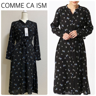 COMME CA ISM - 【新品タグ付】COMME CA ISMフラワー柄ロングシャツワンピース　黒
