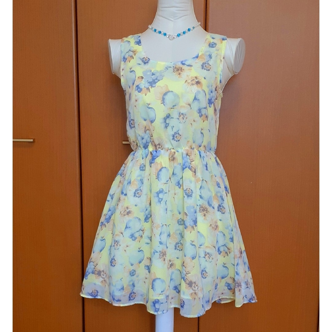 RETRO GIRL バックリボン ワンピース サンドレス M★イエロー レディースのワンピース(ひざ丈ワンピース)の商品写真