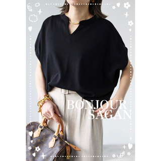 ボンジュールサガン(BONJOUR SAGAN)のBonjour sagan  フレンチスリーブキーネックトップス　ブラック(Tシャツ(半袖/袖なし))