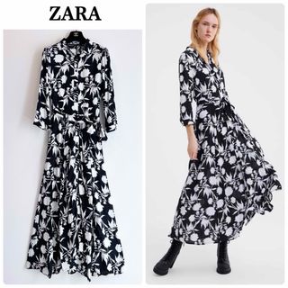 ザラ(ZARA)のZARA ロングワンピース シャツワンピース ボタニカル 花柄 ブラック M(ロングワンピース/マキシワンピース)