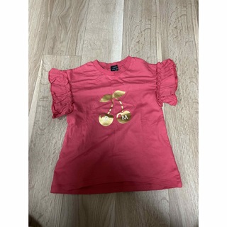 プティマイン(petit main)のオーガニックコットン チェリープリント袖フリルTシャツ 110　ディープ ピンク(Tシャツ/カットソー)