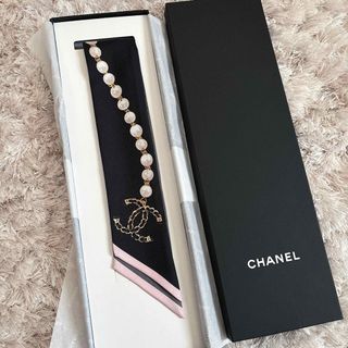 CHANEL シャネル スカーフ ヘアバンド 黒 ピンク ccマーク パール柄