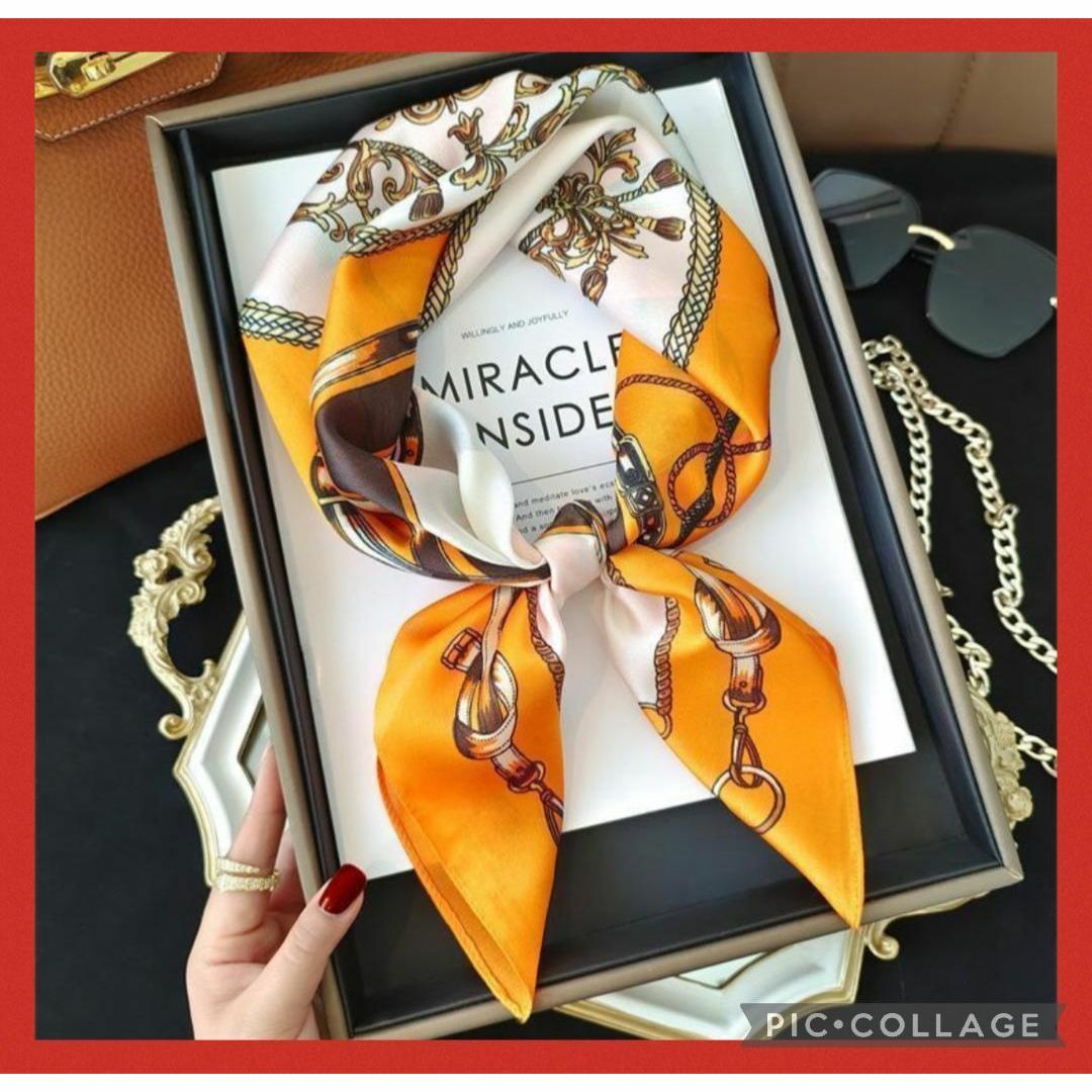 スカーフ　大判　　ストール　オレンジ　プレゼント　ヘアアレンジ　春　夏 レディースのファッション小物(バンダナ/スカーフ)の商品写真