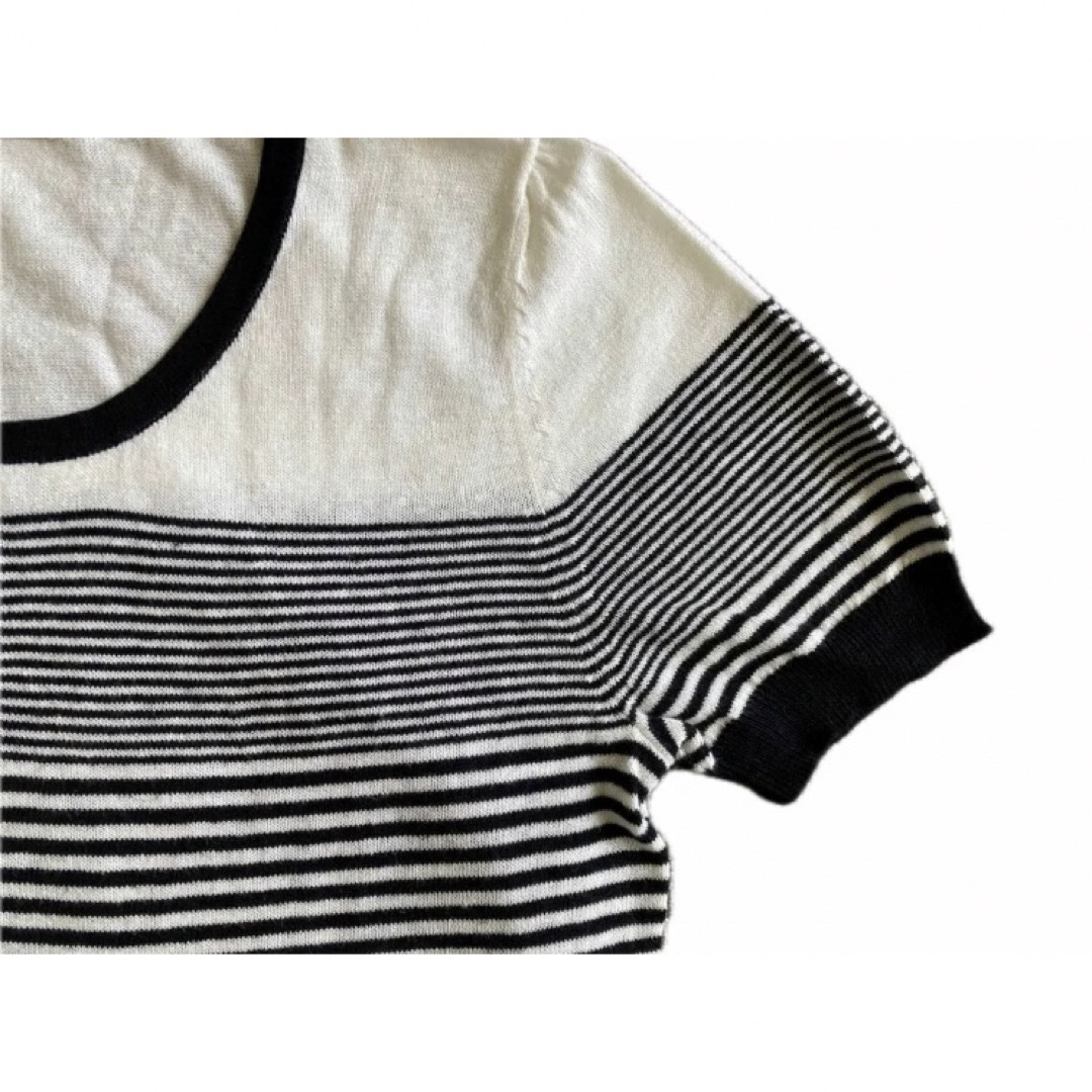 ボーダー 黒 ホワイト 白 麻混　Mサイズ クルーネック 半袖ニット レディースのトップス(ニット/セーター)の商品写真