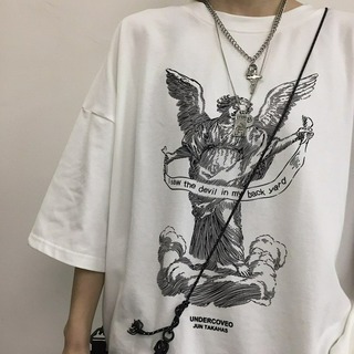 【人気】ストリート シャツ XL ユニセックス 白 ロック オーバーサイズ 韓国(Tシャツ/カットソー(半袖/袖なし))