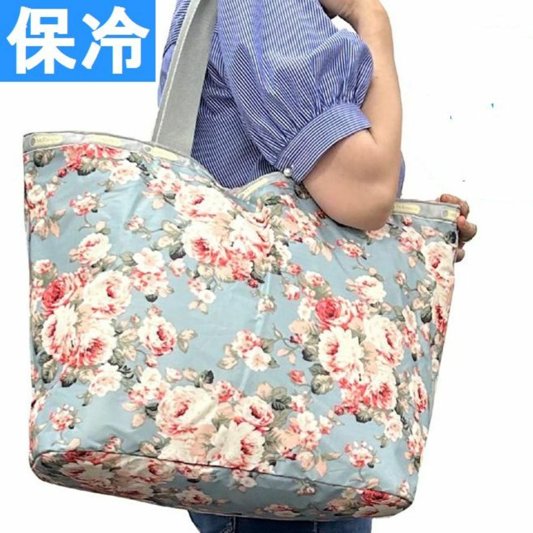 ビッグサイズでしっかりしています！ローズ保温・保冷バッグ　ブルーｘピンクの薔薇柄 レディースのバッグ(エコバッグ)の商品写真