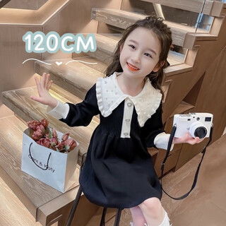120 ビッグカラーニットワンピース 白 黒 キッズ 女の子 韓国子供服 パール(ワンピース)