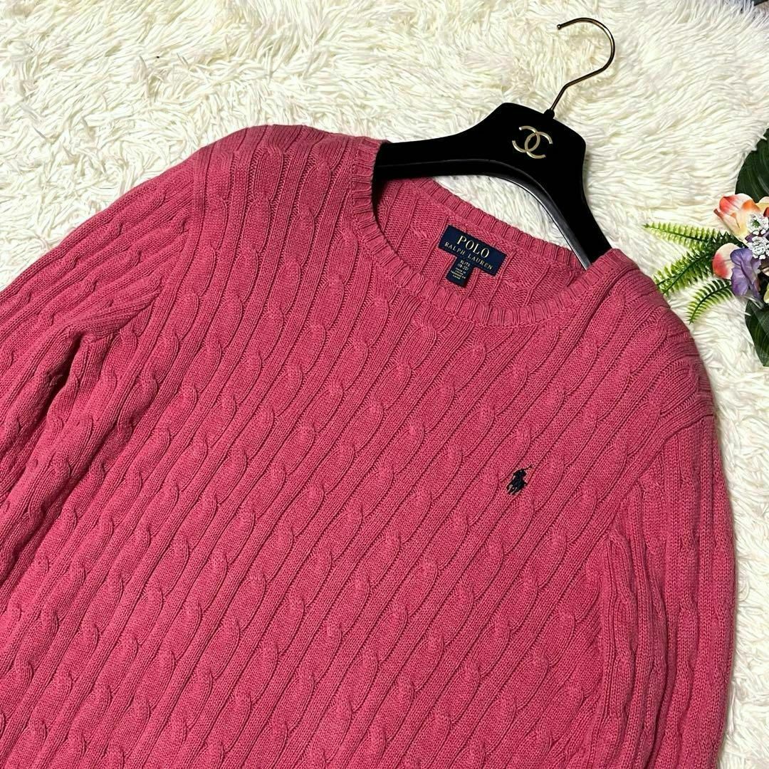 POLO RALPH LAUREN(ポロラルフローレン)の美品✨ポロラルフローレン ケーブルニット ロゴ 刺繍 長袖 綿 ピンク XL レディースのトップス(ニット/セーター)の商品写真