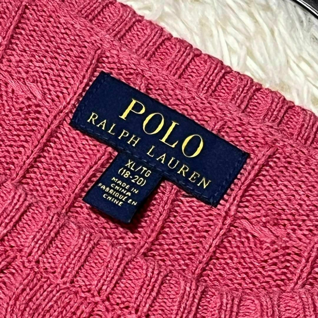 POLO RALPH LAUREN(ポロラルフローレン)の美品✨ポロラルフローレン ケーブルニット ロゴ 刺繍 長袖 綿 ピンク XL レディースのトップス(ニット/セーター)の商品写真