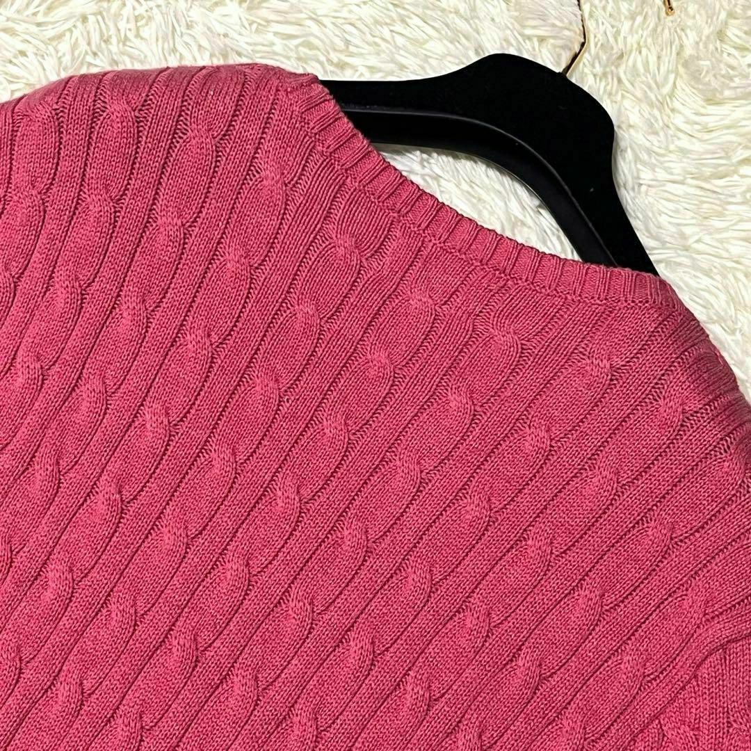 POLO RALPH LAUREN(ポロラルフローレン)の美品✨ポロラルフローレン ケーブルニット ロゴ 刺繍 長袖 綿 ピンク XL レディースのトップス(ニット/セーター)の商品写真
