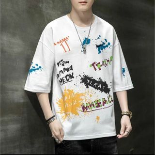 【残り3点】メンズ 　落書き風　ペイント　カラフルTシャツホワイト白韓国 半袖(Tシャツ/カットソー(半袖/袖なし))