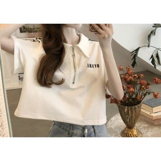 【人気商品】半袖　トップス　ジッパー付き　ショート丈　ＸＬ(Tシャツ(半袖/袖なし))