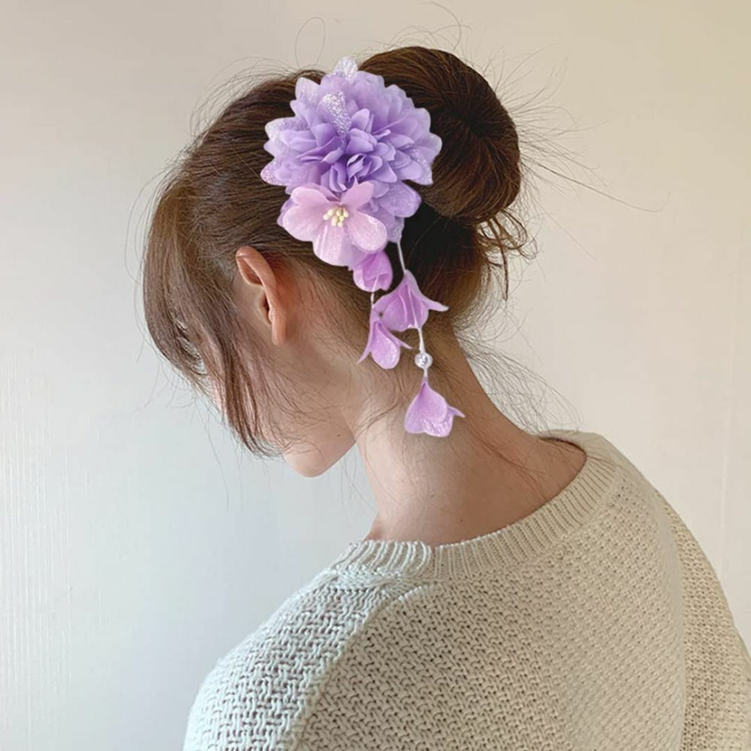 【色:パープル】サムコス 成人式髪飾り 4点セット お花 ヘアアクセサリー 髪留 レディースのファッション小物(その他)の商品写真