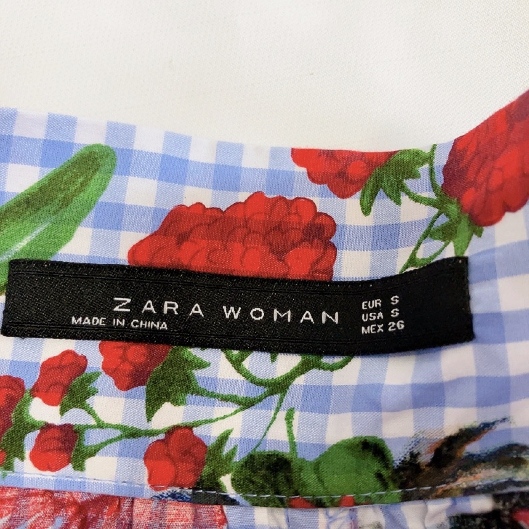 ZARA(ザラ)の美品♥️ ザラウーマン ZARA リボン 花柄スカート S チェック ブルー 夏 レディースのスカート(ひざ丈スカート)の商品写真