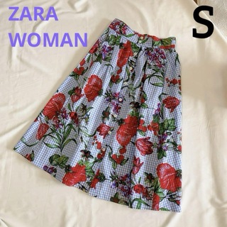 ZARA - 美品♥️ ザラウーマン ZARA リボン 花柄スカート S チェック ブルー 夏