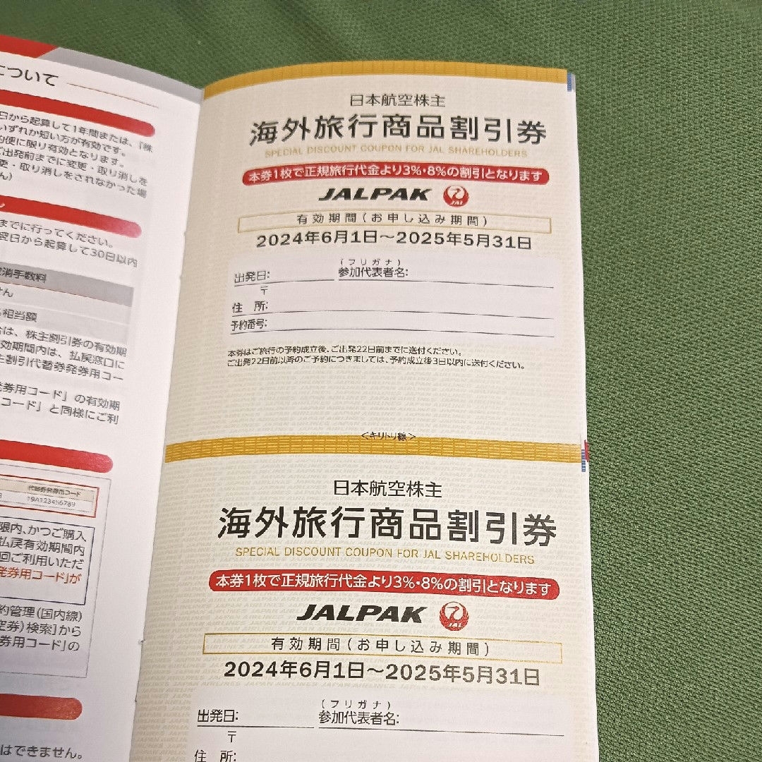 JAL(日本航空)(ジャル(ニホンコウクウ))のJAL 日本航空　 株主割引券  2枚　&　小冊子 チケットの乗車券/交通券(航空券)の商品写真