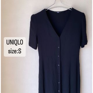 ユニクロ(UNIQLO)のUNIQLO    ユニクロ　Vネック　フレアワンピース　黒　ブラック　半袖　S(ロングワンピース/マキシワンピース)