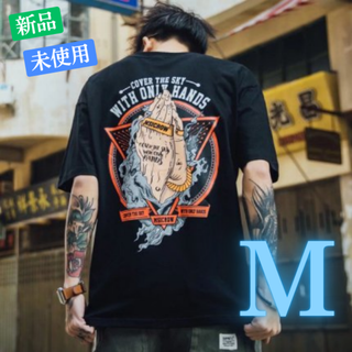 和柄 和風 バックプリント メンズ 半袖 Tシャツ 韓国 ストリート ブラック(Tシャツ/カットソー(半袖/袖なし))