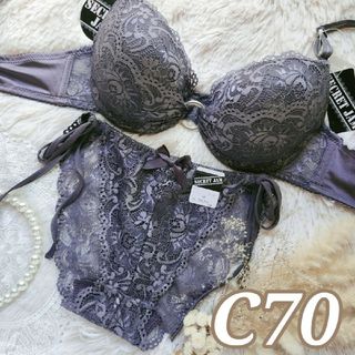 №740【C70】モノトーンレーシィリングブラジャー＆サイド紐バック透けショーツ(ブラ&ショーツセット)