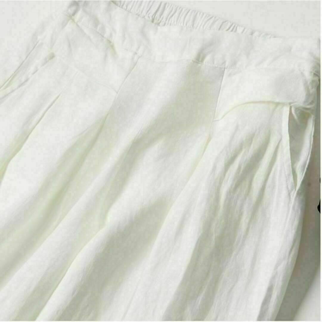 高品質綿麻 ワイドパンツ ハイウェスト リラックスゆったり ホワイト L レディースのパンツ(カジュアルパンツ)の商品写真